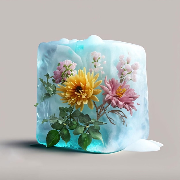Un blocco di ghiaccio blu con sopra dei fiori.