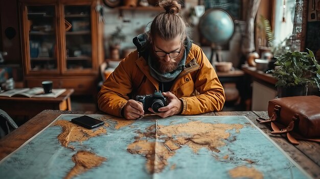 Un blogger di viaggi che definisce la strategia della propria giornata su una mappa L'intelligenza artificiale genera un'illustrazione