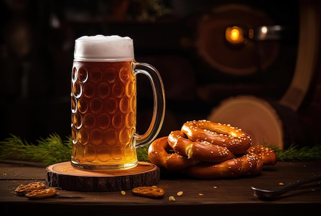 un boccale di birra e pretzel su un tavolo nello stile di immagini messe in scena in modo uniforme