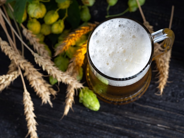 Un boccale di birra su un tavolo di legno con luppolo verde e spighe di grano