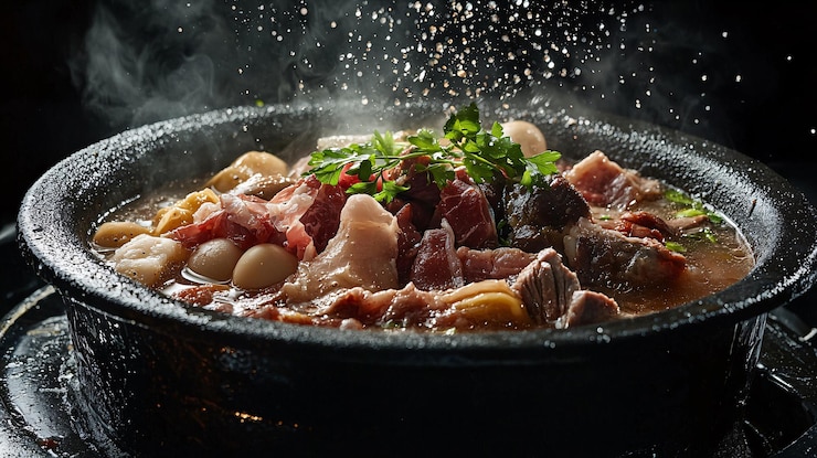 Foto un bollito misto fresco mezzo sospeso in aria con gocce d'acqua scintillanti sulle varie carni e un ricco brodo catturato in un momento dinamico con spruzzi su uno sfondo scuro