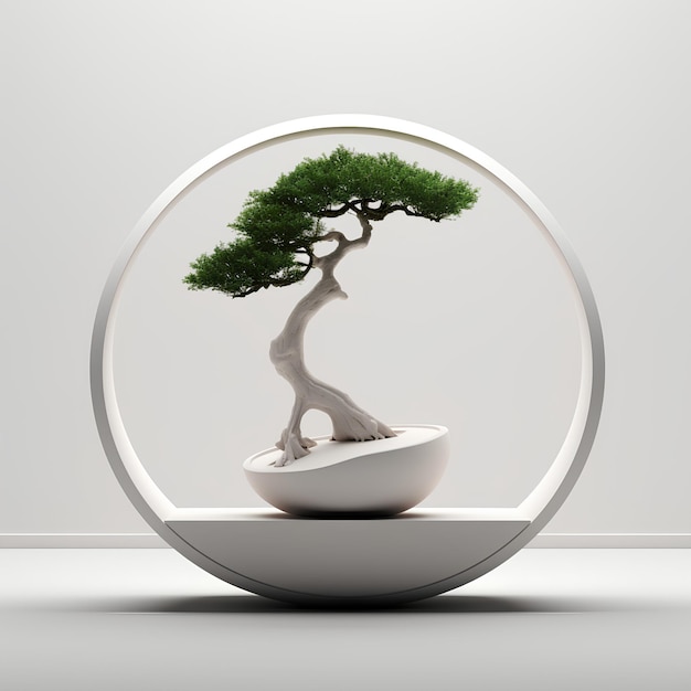 Un bonsai all'interno di un vaso bianco in stile unico