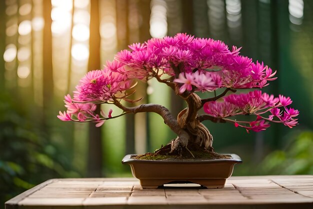 Un bonsai con fiori rosa in un vaso.