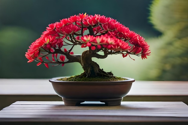 Un bonsai con fiori rossi in un vaso.