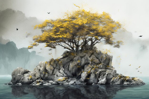 Un bonsai con foglie dorate in piedi su un fiume o una roccia Ai generativa