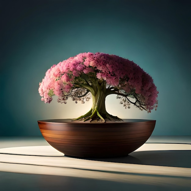 Un bonsai con sopra un fiore rosa