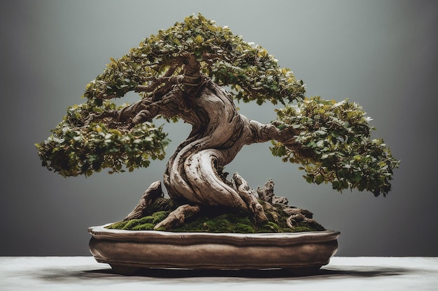 Un bonsai con un grande tronco e radici