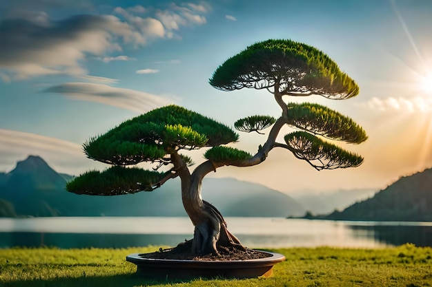 Un bonsai con una montagna sullo sfondo