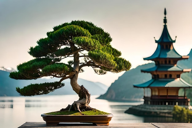 Un bonsai con una montagna sullo sfondo