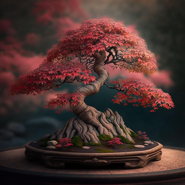 Un bonsai dalle foglie rosse su base rotonda