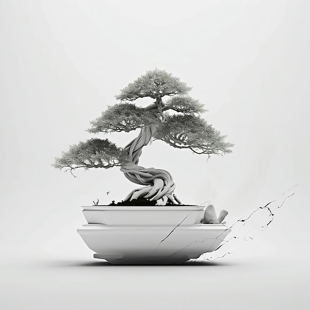 Un bonsai è in un vaso con una crepa.