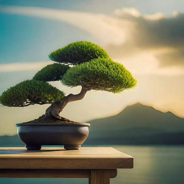 Un bonsai su un tavolo con una montagna sullo sfondo