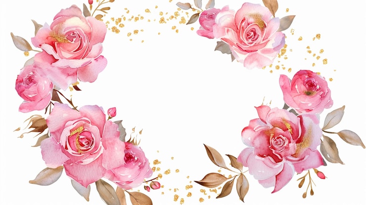 Foto un bordo di rose con foglie d'oro e rose rosa