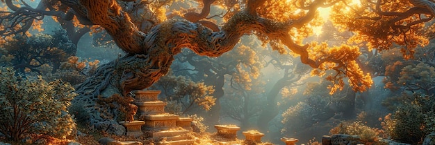 Un boschetto mistico di druidi con antichi alberi altari di pietra e energie magiche