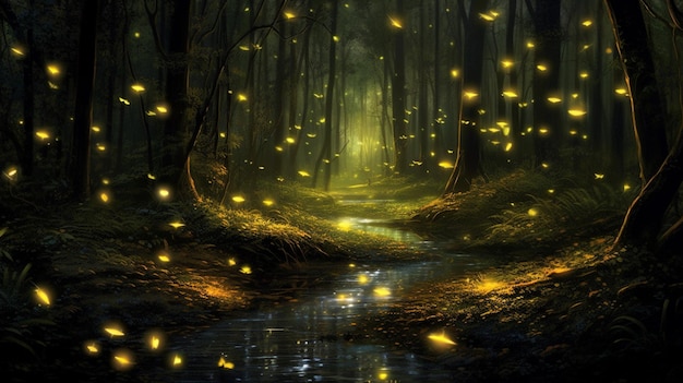 Un bosco con un ruscello e una lucciola illuminata.