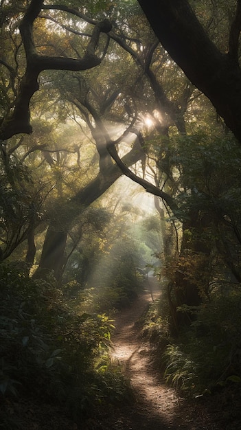 Un bosco con un sentiero e il sole che splende tra gli alberi