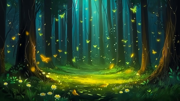 Un bosco con un sentiero pieno di lucciole e un bosco con una scia luminosa in mezzo.