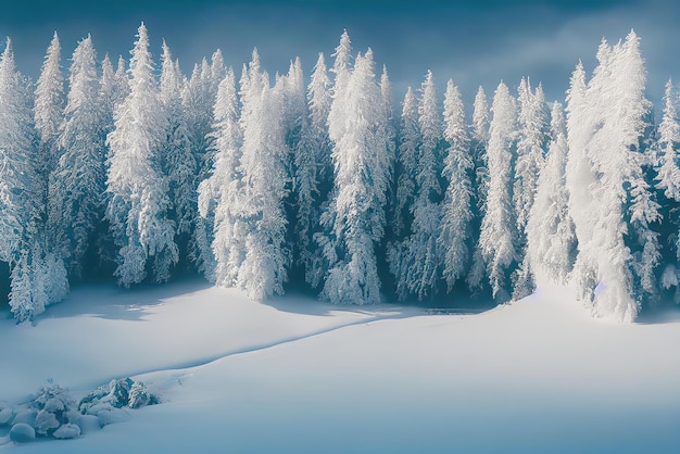 Un bosco innevato con alberi coperti di neve