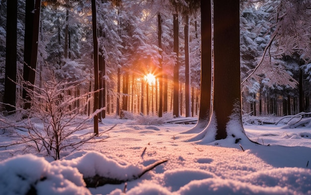 Un bosco innevato con il sole che splende tra gli alberi