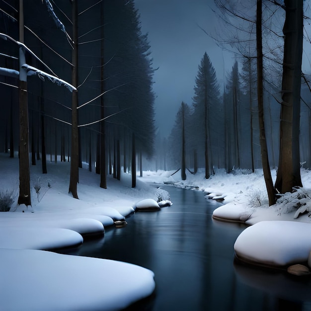 Un bosco innevato con un fiume e alberi coperti di neve.