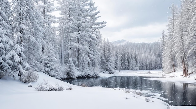 Un bosco innevato con una coltre bianca e un lago ghiacciato