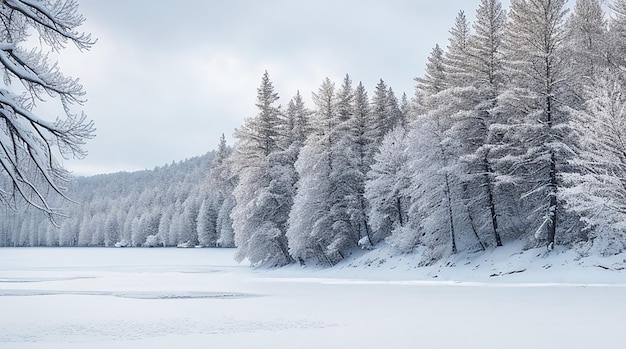 Un bosco innevato con una coltre bianca e un lago ghiacciato