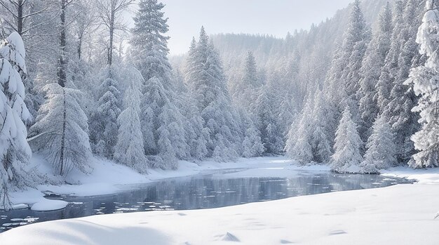 Un bosco innevato con una coltre bianca e un lago ghiacciato