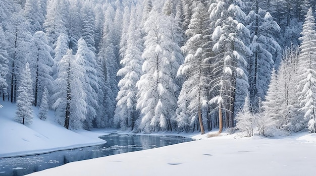 Un bosco innevato con una coltre bianca e un lago ghiacciato