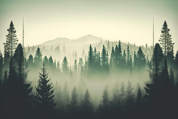 Un bosco nebbioso con alberi e un lago bellezza naturale serena