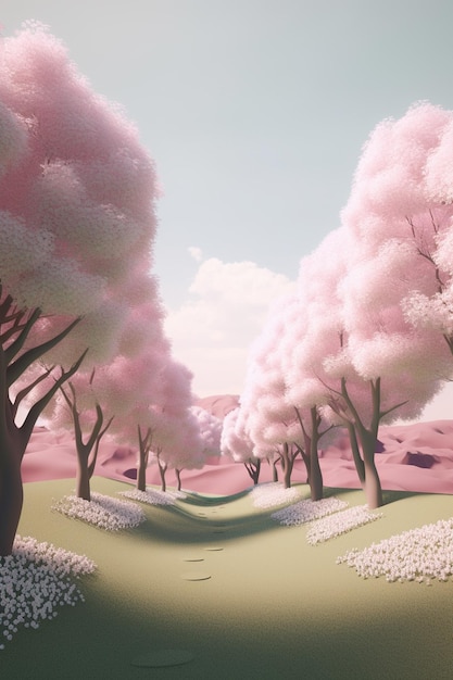 Un bosco rosa con un sentiero e un albero dai fiori bianchi.
