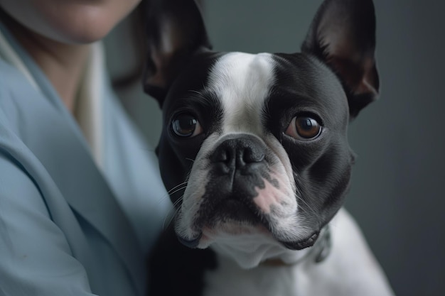 Un Boston Terrier si accovaccia sulla spalla di un veterinario in un crudo