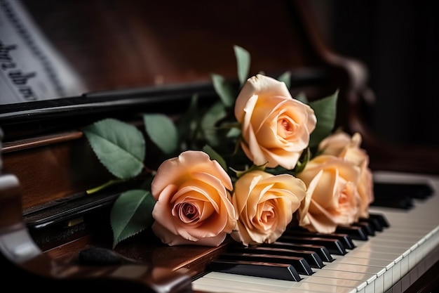 Un bouquet di bellissime rose arancioni sui tasti del pianoforte Generazione AI