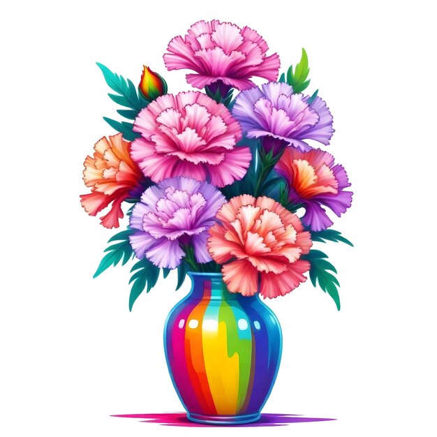 Un bouquet di carnati colorati in un vaso isolato su uno sfondo bianco