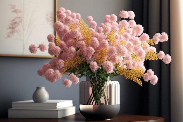 Un bouquet di delicati fiori di mimosa rosa in un vaso creato con l'IA generativa