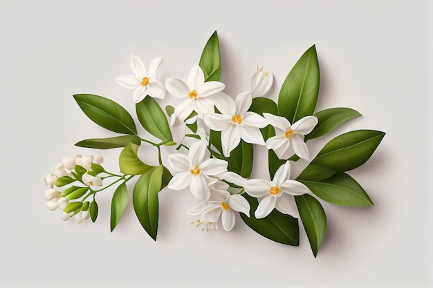 Un bouquet di fiori bianchi con foglie verdi su sfondo bianco.