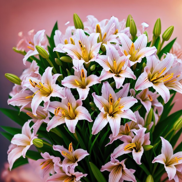 Un bouquet di fiori bianchi e rosa con centri gialli.