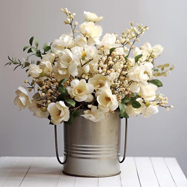 un bouquet di fiori bianchi in un secchio sullo sfondo bianco