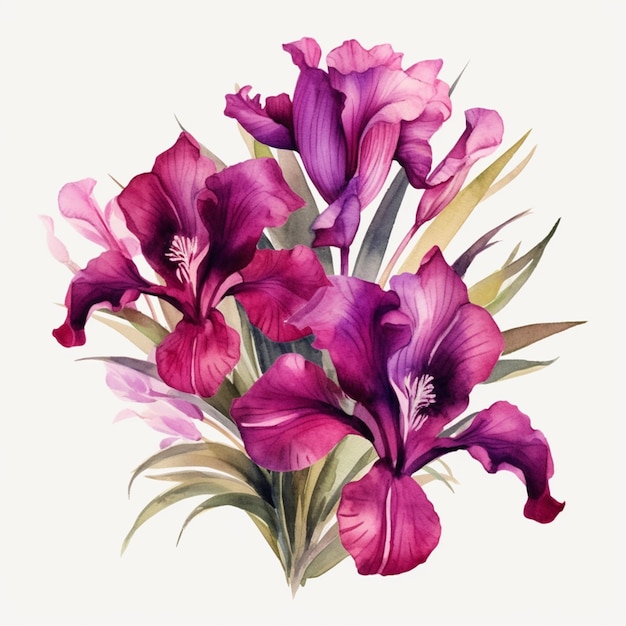 Un bouquet di fiori con iris viola e rosso.
