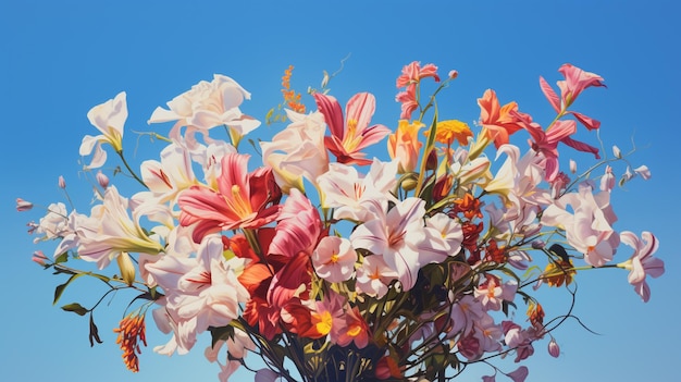 Un bouquet di fiori con un cielo blu sullo sfondo