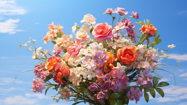 Un bouquet di fiori con un cielo blu sullo sfondo