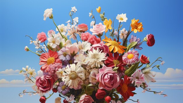 Un bouquet di fiori con un cielo blu sullo sfondo