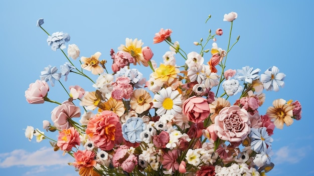 Un bouquet di fiori con un cielo blu sullo sfondo