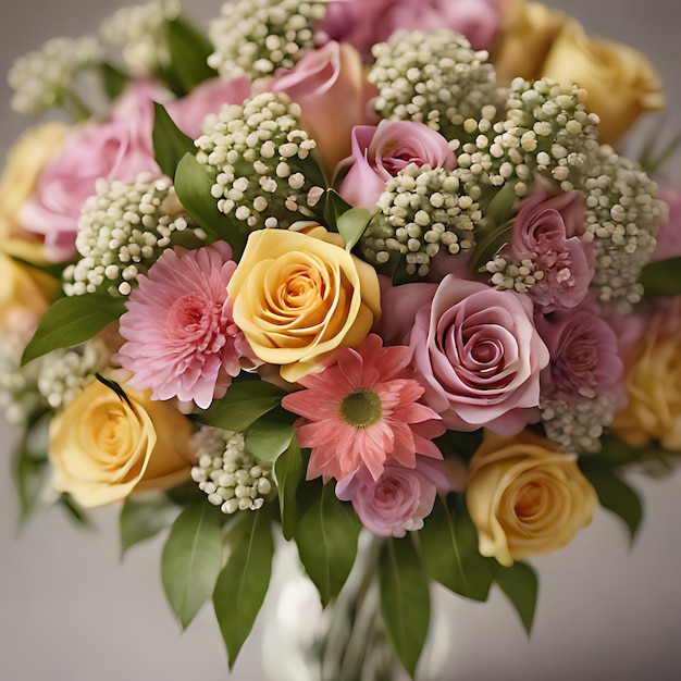 un bouquet di fiori con uno sfondo bianco e fiori rosa e gialli