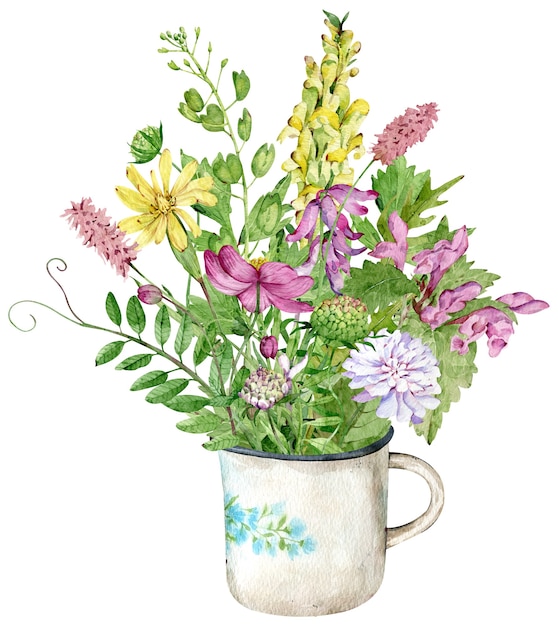Un bouquet di fiori di campo nella tazza. Illustrazione dell'acquerello con erbe e fiori