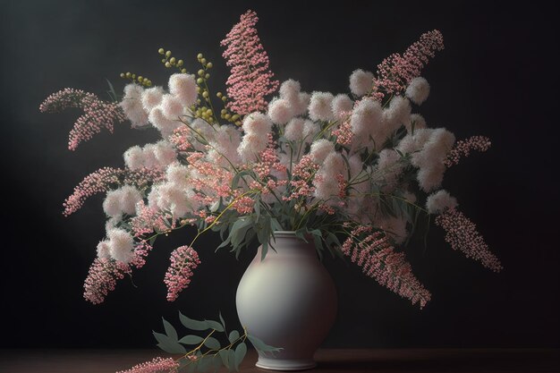 Un bouquet di fiori di mimosa bianchi e rosa in un vaso creato con l'IA generativa