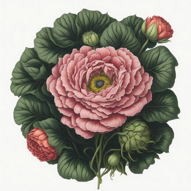 un bouquet di fiori di Ranunculus rosa e verde su uno sfondo bianco