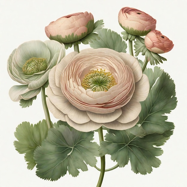 un bouquet di fiori di Ranunculus rosa e verde su uno sfondo bianco