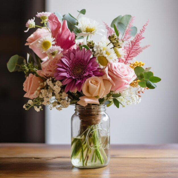 Un bouquet di fiori disposti in un vaso di muratore perfetto per aggiungere un'atmosfera rustica e accogliente