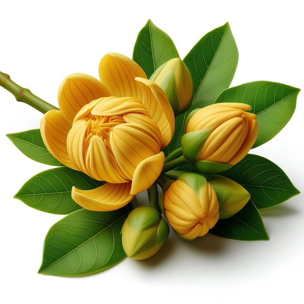 un bouquet di fiori gialli con foglie verdi e una foglia verde