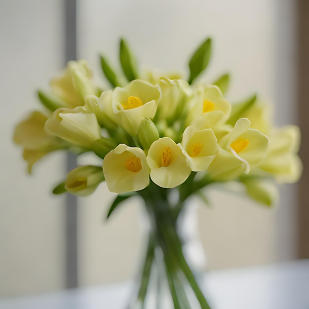 un bouquet di fiori gialli in un vaso con le parole " primavera " sul fondo